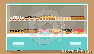 Refrigerator with shelves and cakes on it. Various pastries and cakes in showcase refrigerator. Vector illustration. Cartoon Illustration