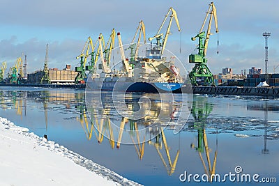 The refrigerator vessel `Baltic spring` on unloading on the Kanonersky channel in the February morning. St. Petersburg Editorial Stock Photo