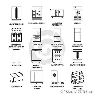 Refrigerators flat line icons. Fridge types, freezer, wine cooler, commercial major appliance, refrigerated display case Vector Illustration