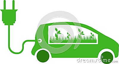 Refueling the car with electricity. Hybrid green car. Vector Illustration