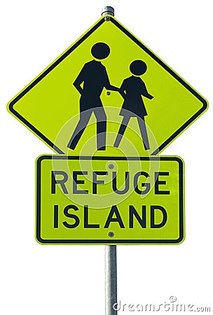 Refuge island warning traffic sign Stock Photo