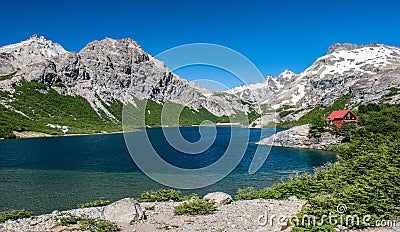 Refuge Jakob. Nahuel Huapi National Park. Camping, hiking and backpacking and the views of the Andes mountains and lake. Hiking Vi Stock Photo