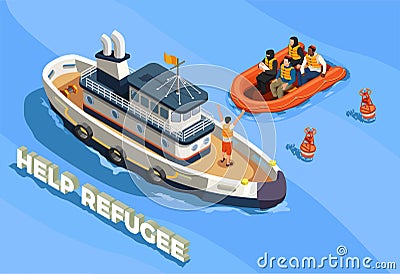 Refugee Boat Isometric Background Vector Illustration