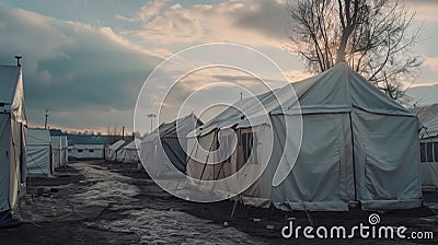 A refugee camp. There are tents in a row in the field. Helping disadvantaged people during the war Stock Photo