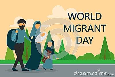 Refugee family walking on the road. World migrant day. War Stock Photo