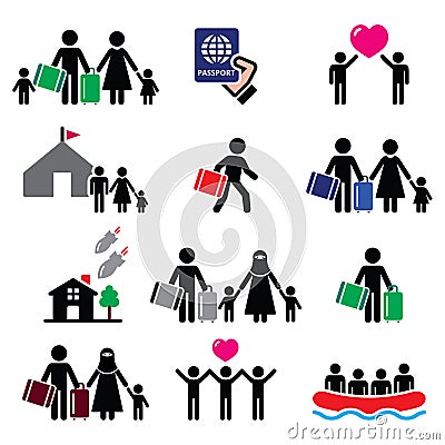 Refugee, immigrants, families running away from their countries icons set Vector Illustration