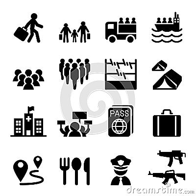 Refugee, immigrants, immigration icons set Vector Illustration