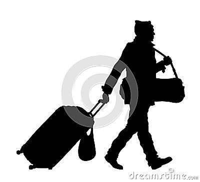 Refugee man silhouette with wheeled bag and valise Vector Illustration