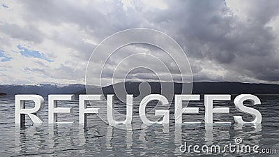 Refugee text emerging from water with mountains and sky Stock Photo