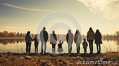 Refugees. Back view silhouette of a group of people standing on a lake shore with children Stock Photo