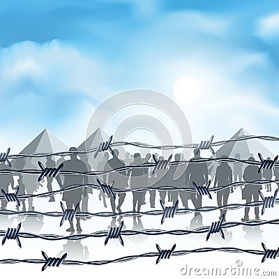 Refugees behind barbed wire Vector Illustration