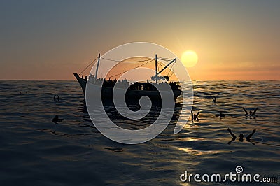 Refugees on a big boat in the middle of the sea that require help Stock Photo