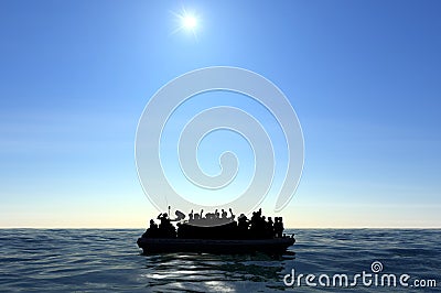 Refugees on a big rubber boat in the middle of the sea that require help Stock Photo