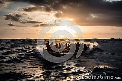 refugees in boat crossing the sea Stock Photo