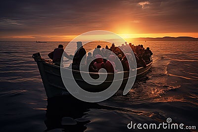 Refugees in a boat at night. Generative AI Stock Photo