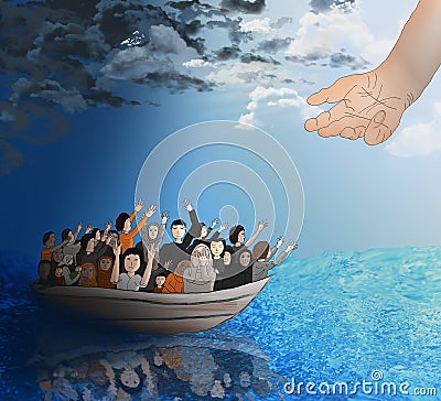 Refugees on a boat Stock Photo