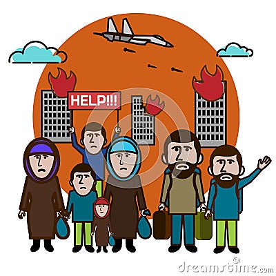 Refugees escape from bombing. Help Us. International migrants da Vector Illustration