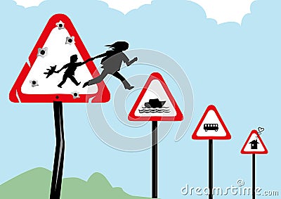 Refugees escaping their war torn country and seeking asylum. Editable Clip Art. Stock Photo