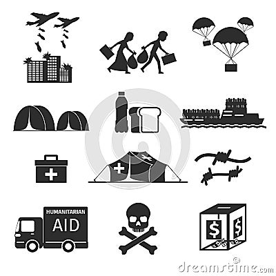 Refugees evacuee concept. War victims black icons Vector Illustration