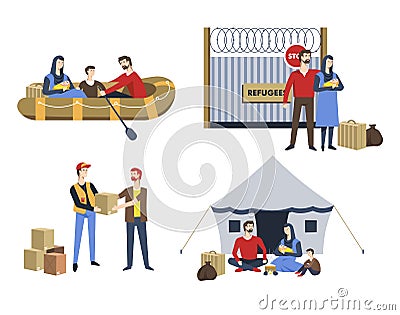 Refugees family illegal immigrants political asylum resettlement Vector Illustration