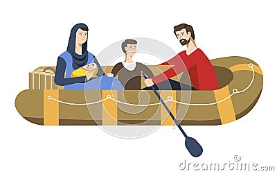 Refugees family in inflatable boat political migration and resettlement Vector Illustration