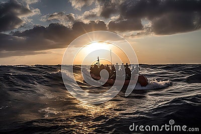 refugees in flimsy boat Stock Photo