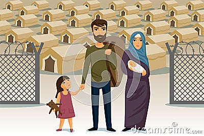 Refugees infographic. Social assistance for refugees. Arab Family. Design template. Refugees immigration concept. Vector Illustration