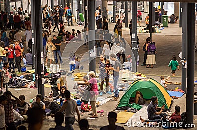 Refugees at Keleti train station Editorial Stock Photo