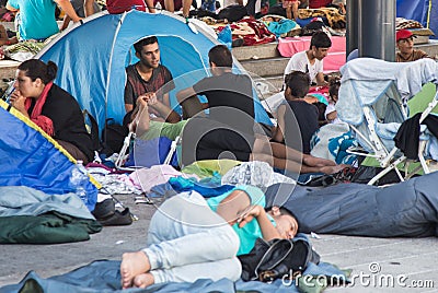 Refugees at Keleti train station Editorial Stock Photo