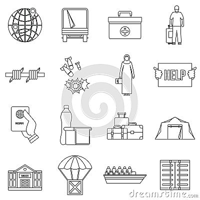 Refugees problem icons set, outline style Cartoon Illustration