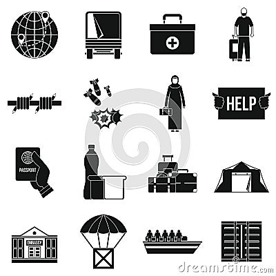 Refugees problem icons set, simple style Cartoon Illustration