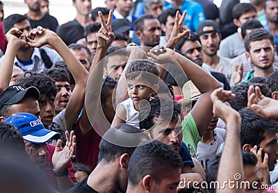 Refugees protest at Keleti train station Editorial Stock Photo