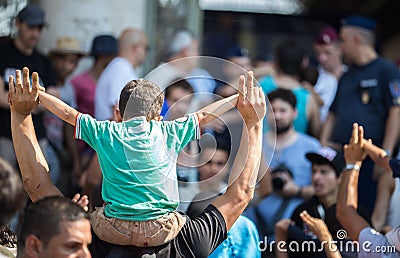 Refugees protest at Keleti train station Editorial Stock Photo