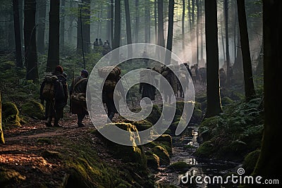 Refugees walking with bags and suitcases in forest. Generative AI Stock Photo