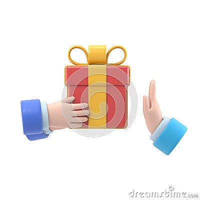 Refusal of gift. No corruption concept. Rejecting proposal. Man holding in hand gift box with ribbon. Gesture rejects the proposal Stock Photo