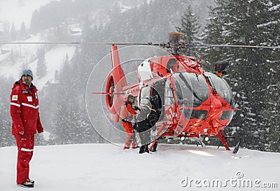 Rega Airbus Helicopters H145 on mission in Wiriehorn Editorial Stock Photo