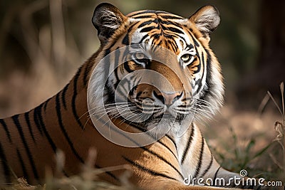 A regal Bengal tiger lounging in a grassy field, with its majestic stripes on display. Stock Photo