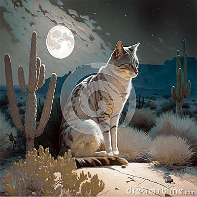 Regal cat under moonlight by cactus Stock Photo