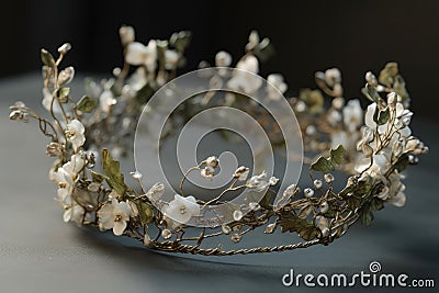 Regal Crown Made Of Intertwined Branches And Flowers, Evoking Sense Of Natural Beauty On White Surface. Generative AI Stock Photo