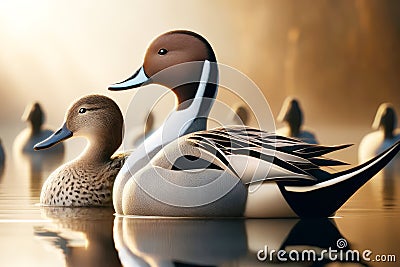 Regal Elegant Northern Pintail Ducks Colorful Plumage Swimming Marsh Waterfowl Springtime Morning Sunrise AI Generated Stock Photo
