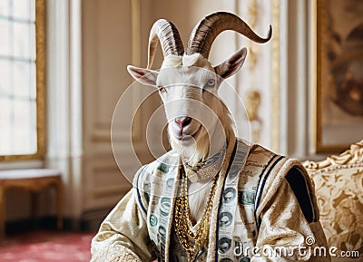 Regal Goat in Elegant Attire Inside Palace Stock Photo