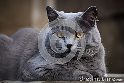 Regal gray cat with golden eyes lounges, soft fur begs to be touched in elegance Stock Photo