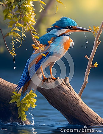 A regal kingfisher perched atop a branch, its beak open wide as it dives into the water to catch a shimmering fish. Stock Photo