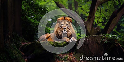 Regal lion perched on a boulder amid lush foliage , concept of Majestic feline Stock Photo