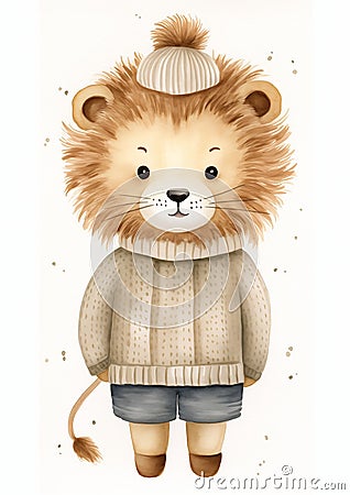 The Regal Lion's Winter Wardrobe: A Charming Illustration by Mer Cartoon Illustration