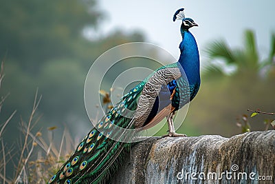 A regal peacock perches with pride against a textured stone Stock Photo