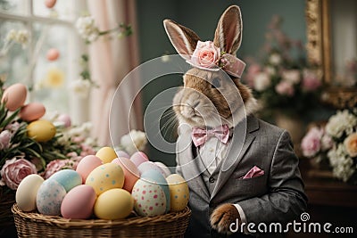 A regal rabbit, adorned in a fancy Easter bonnet and a dapper suit. Stock Photo