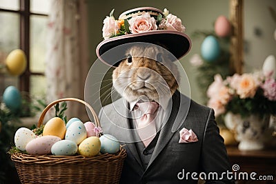A regal rabbit, adorned in a fancy Easter bonnet and a dapper suit. Stock Photo