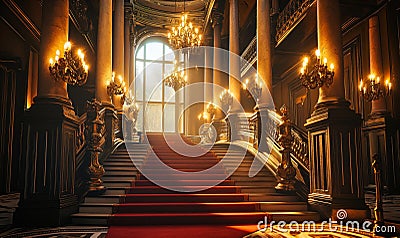 Regal red carpet stairway leading to a grand entrance flanked by ornate columns and glowing lights Stock Photo
