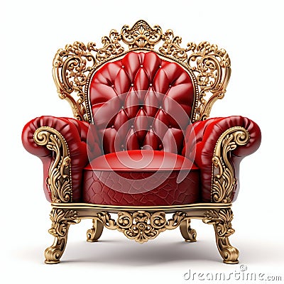 Regal Red Velvet Armchair with Golden Accents Isolated on White. Generative ai Cartoon Illustration